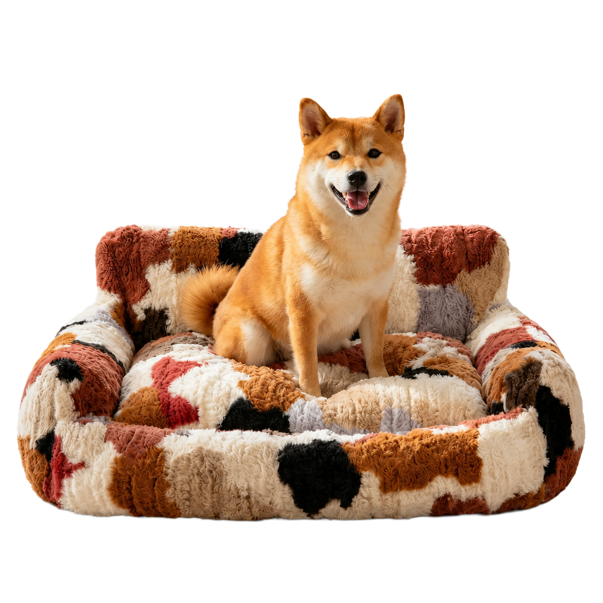 Chien assis sur un couchage Tösty patchwork