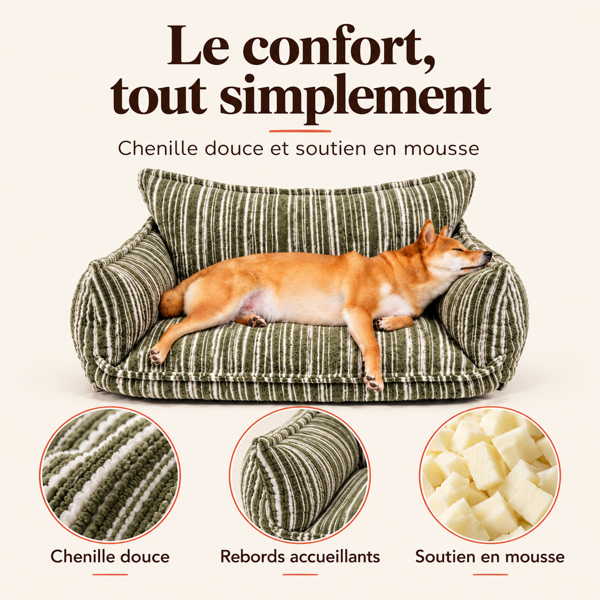 Chenille douce, rebords accueillants et soutien en mousse