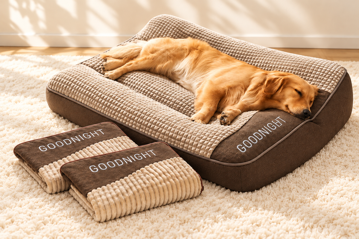 Un chien se repose sur le panier Goodnight, avec deux housses de rechange pliées au premier plan.
