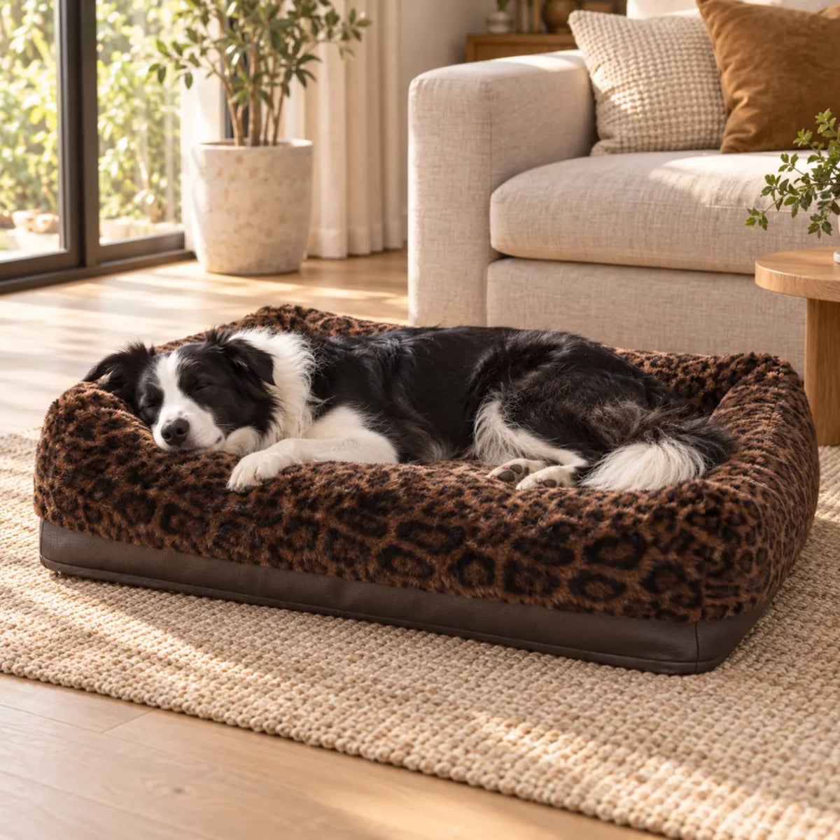 Chien au repos dans le panier Léopard