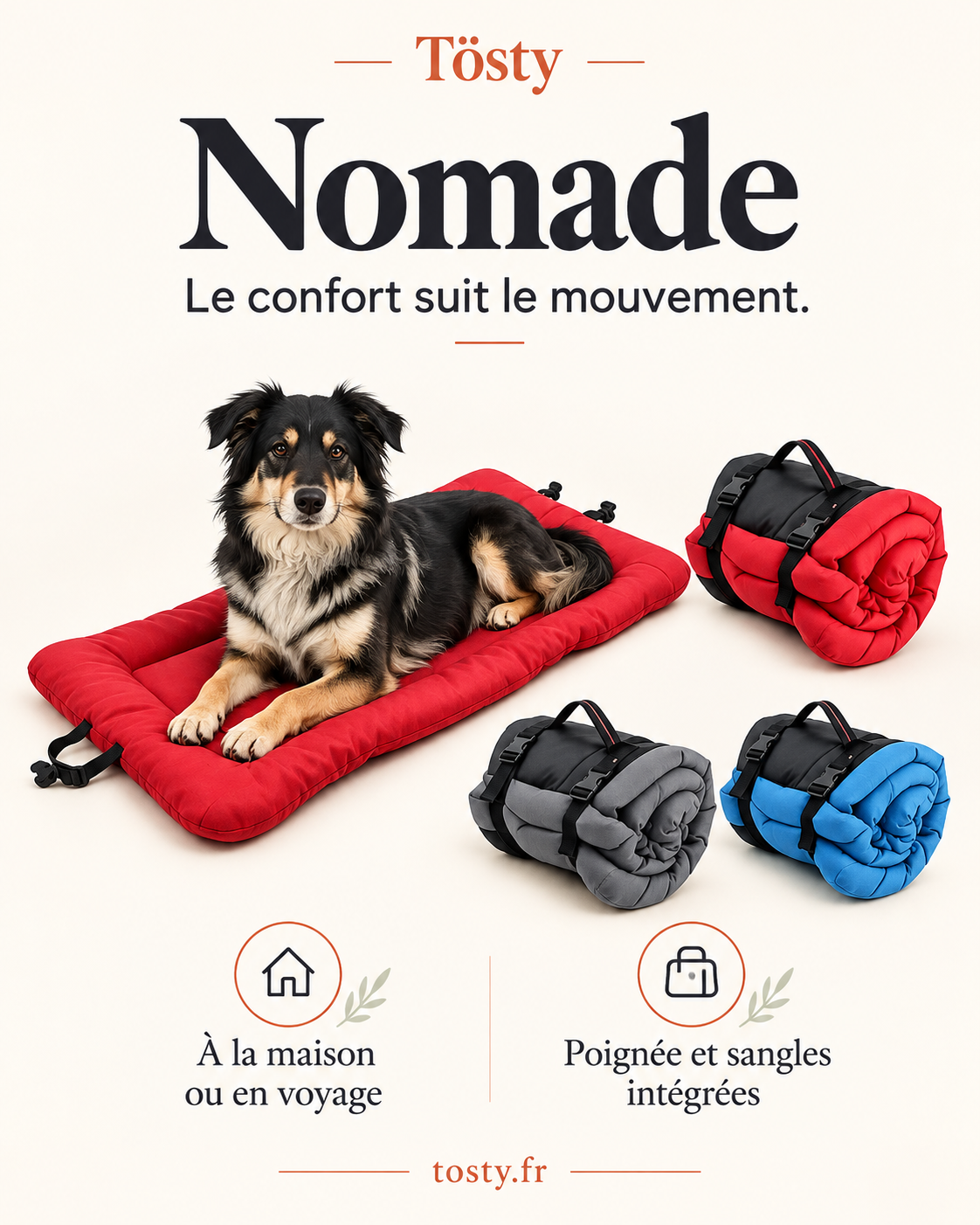 Tapis de voyage Nomade avec poignée et sangles, déplié et roulé dans ses trois coloris.